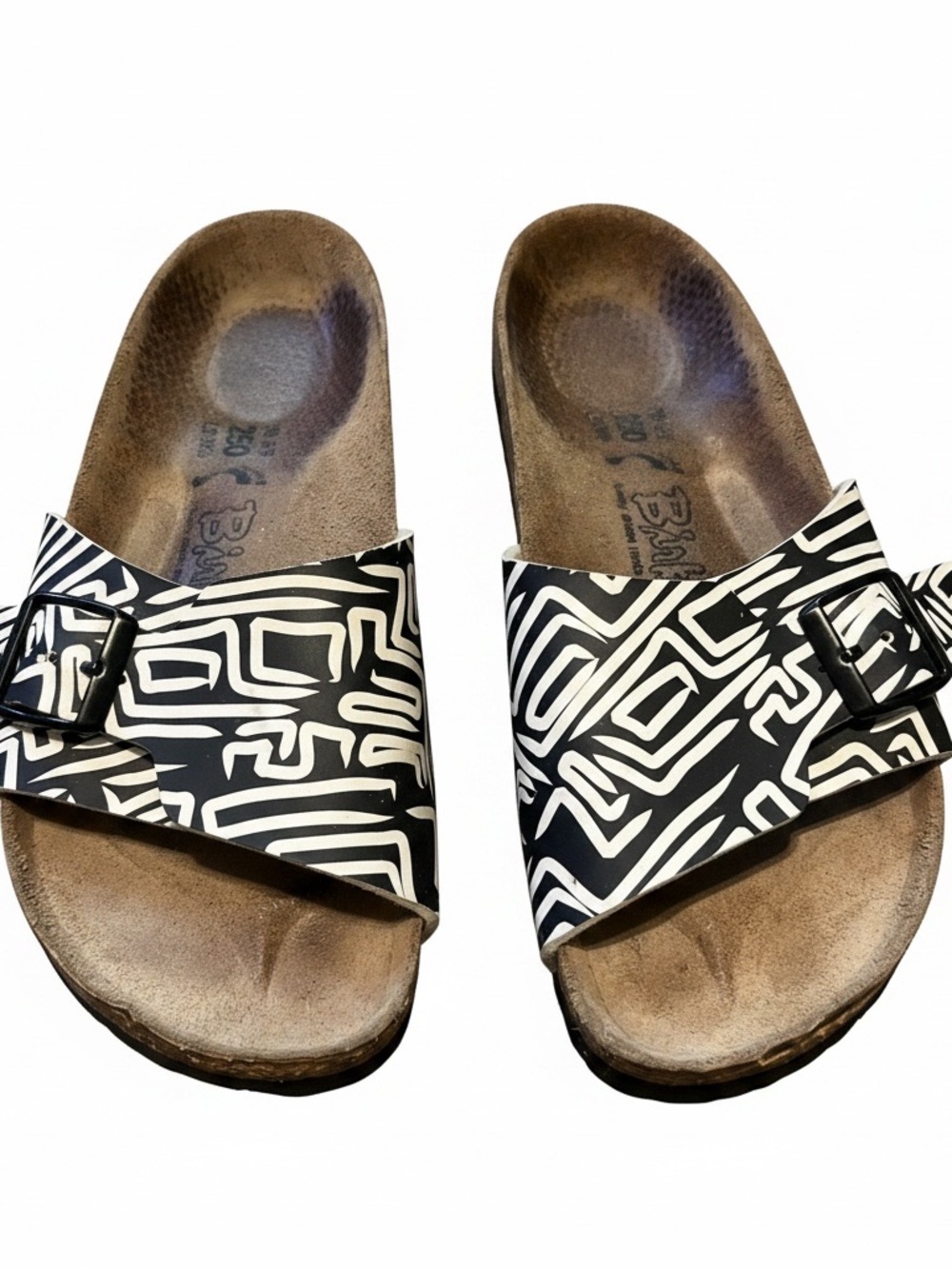 Birki's by Birkenstock Madrid Slide Sandals Black White Geo Tribal Print Size 39 - Picture 3 of 4